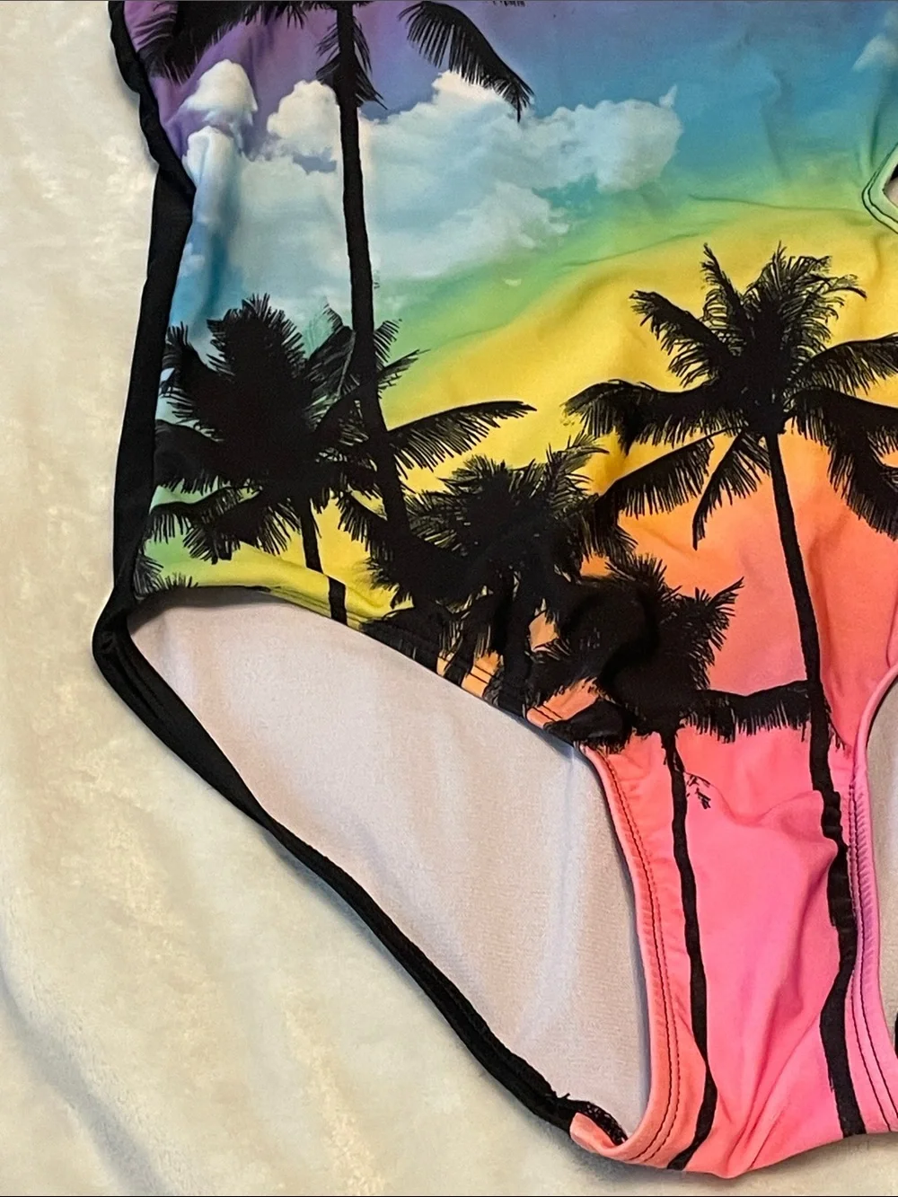 Justice Girls One-Piece Swimsuit - Rainbow Gradient with Black Palm Silhouettes